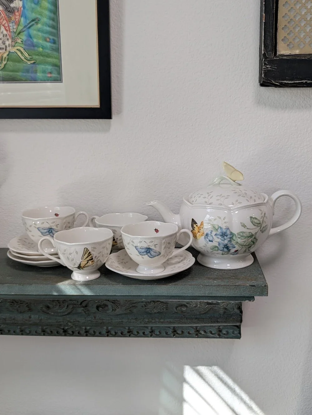 Vintage Lenox Butterfly Meadow Teapot with 4 Tea cups and Saucers 10 Pieces